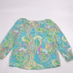 Lilly Pulitzer 100% Silk Multicolor floral Paisley Top Size XS Long sleeve Light